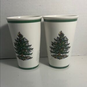 Spode White Ceramic Tumblers with Green Trim Set of 2